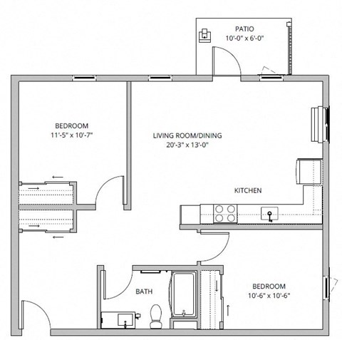 Floor plan for 2 beds, 1 bath, 907 sqft